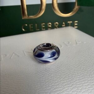 Pandora Blue and White Feather Swish Design Murano Charm RETIRED VINTAGE